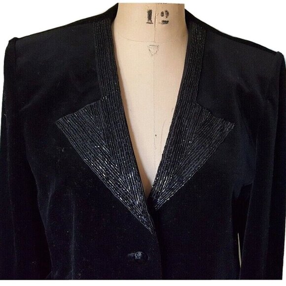 Vintage blazer jacket velvet & sequin beaded collar, elegant formal holidays M - Picture 11 of 13